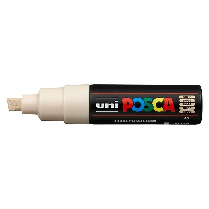 Posca Marker PC - 8K - Beige, 8 mm, Keilspitze - Nahaufnahme eines Uni Posca PC-8K Markers in Beige, ideal für Kunst und kreative Projekte. Vielseitig einsetzbar auf verschiedenen Oberflächen.
