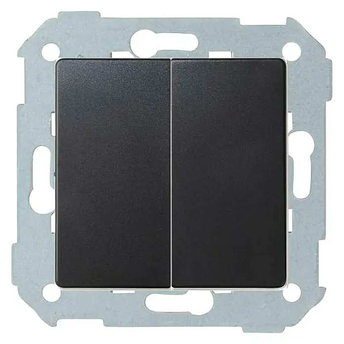 Simon 82 Conmutador doble Concept - Negro, Colocar, Plástico, 10 A - Un interruptor de luz doble con cubierta negra y marco plateado para montaje en pared. Diseño práctico para el uso diario.