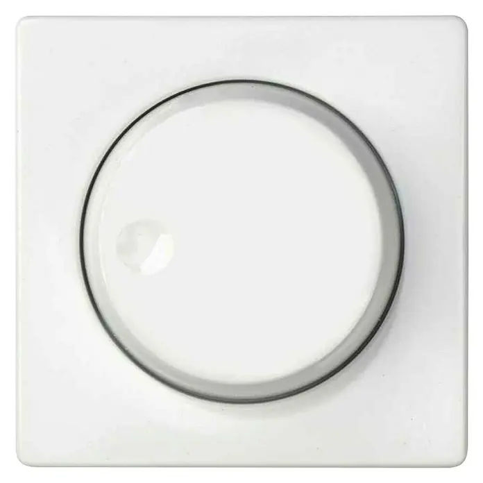 Simon 82 Tapa regulador luminoso - Blanco, Mate, Plástico, Montaje en la pared - Primer plano de un regulador de intensidad redondo blanco sobre una placa cuadrada. El regulador tiene un brillo sutil.