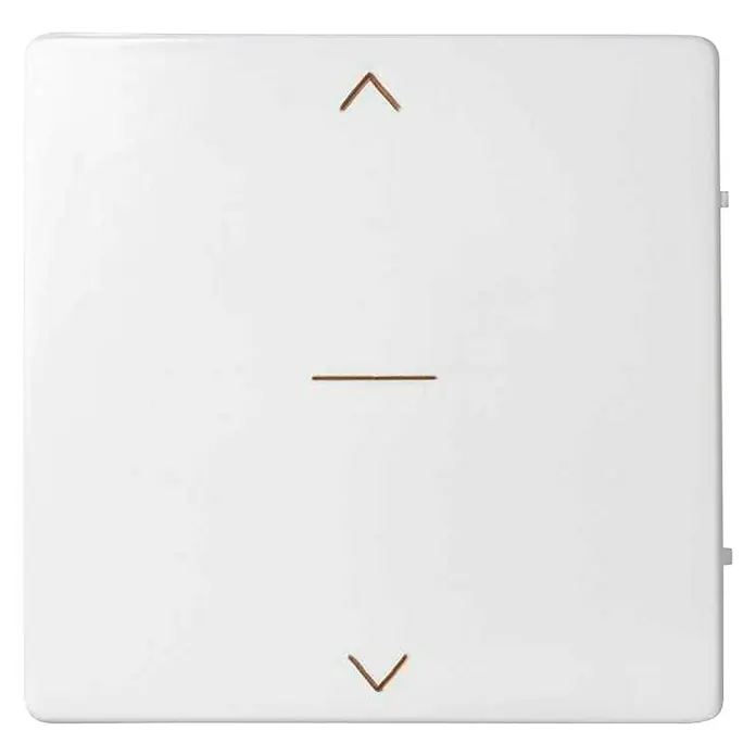 Simon 82 Interruptores para persianas Tecla Concept - Blanco, Mate, Montaje en la pared, 10 A - Primer plano de un interruptor blanco de persiana enrollable con flechas para controlar las persianas, ofreciendo una solución de control elegante y minimalista.