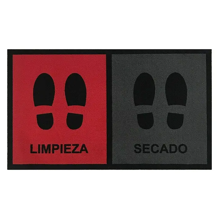 Felpudo Desinfectante - Gris/Rojo, 45 x 75 cm - Alfombra con secciones rojas y grises que indican las áreas de 'Limpieza' y 'Secado' marcadas con huellas de zapatos.