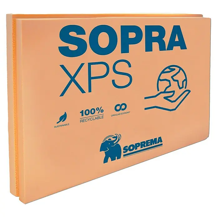 Soprema Sopra Placa de poliestireno extruido XPS SL - L x An x Es: 125 cm x 60 cm x 50 mm, Plástico - Imagen de una placa aislante SOPRA XPS, que simboliza la sostenibilidad y una economía circular. El producto es 100% reciclable.