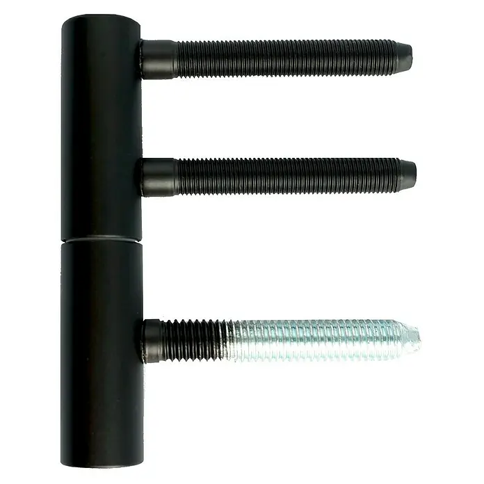Diamond Doors Modern Zimmertürgarnitur - Stärke Tür: 38 mm - 45 mm, Metall, L-Form - Produktbild einer Scharnierniete, die aus einem schwarzen zylindrischen Scharnier und drei Gewindestiften besteht, wobei eine Stift silbern ist.
