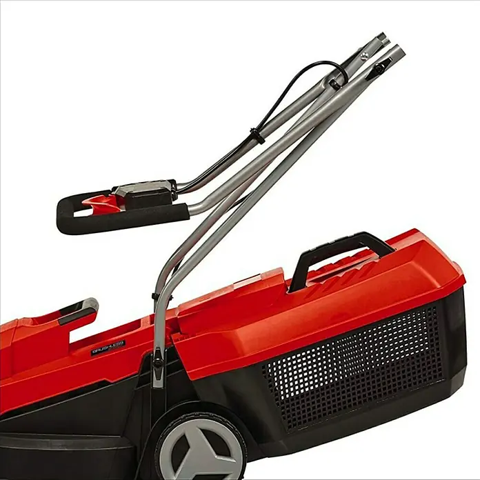 Einhell PXC 18V Cortacésped de batería GE-CM 18/32 Li-Solo - 18 V, Sin batería, Ancho de corte: 32 cm - Primer plano de una cortadora de césped roja y negra con recogedor y mango plateado.