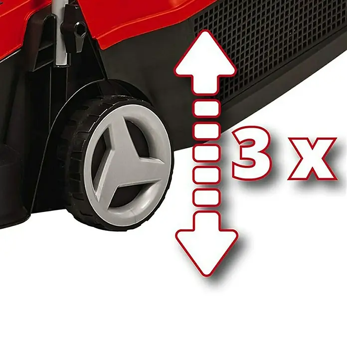 Einhell PXC 18V Cortacésped de batería GE-CM 18/32 Li-Solo - 18 V, Sin batería, Ancho de corte: 32 cm - Detalle de un cortacésped con ajuste de altura, indicado por una flecha con el texto 3x.