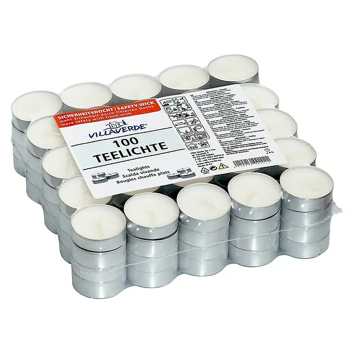Vela de té - Blanco, Tiempo de combustión aprox.: 4 h, 100 ud. - Imagen de un paquete de 100 velas de té Villaverde, perfectas para crear un ambiente acogedor y un uso seguro gracias a la mecha fija.