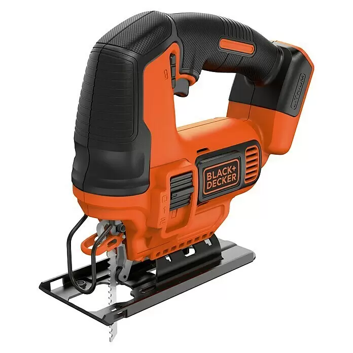 Black+Decker 18V PowerConnect Caladora BDCJS18N-XJ - 18 V, Sin batería, 0 /min - 2.500 /min - Sierra de calar BLACK+DECKER inalámbrica, naranja y negra, con mango ergonómico y hoja de corte visible.