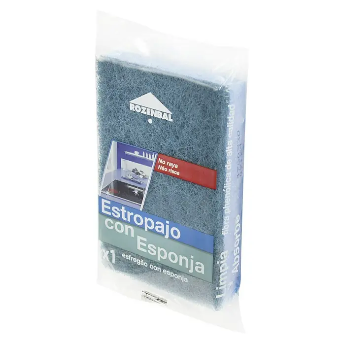 Rozenbal Estropajo fibra azul con esponja - An x L: 9 x 14 cm, Material: Materiales naturales, 1 ud. - En la imagen se muestra un estropajo de Rozenbal en un embalaje transparente. El producto está etiquetado como anti-rayas y altamente absorbente.