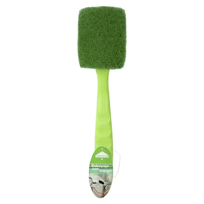 Rozenbal Estropajo con mango - Material: Materiales naturales, 1 ud. - Estropajo verde Rozenbal con mango y empaque. Ideal para la limpieza de platos, protege las manos y es reutilizable.