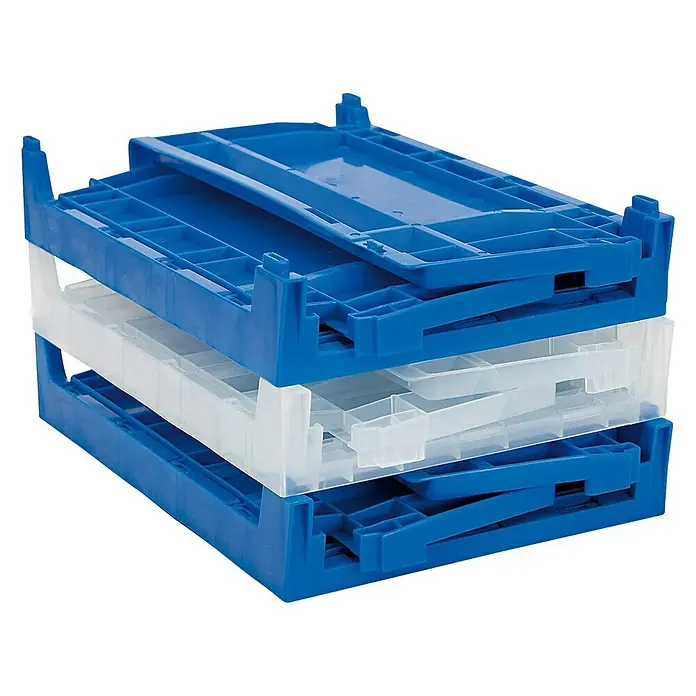 Tayg Gaveta 60P - Transparente, L x An x Al: 60 x 40 x 32,5 cm - Pila de tres cajas de plástico, dos azules y una transparente, diseñadas para el almacenamiento y transporte de mercancías.
