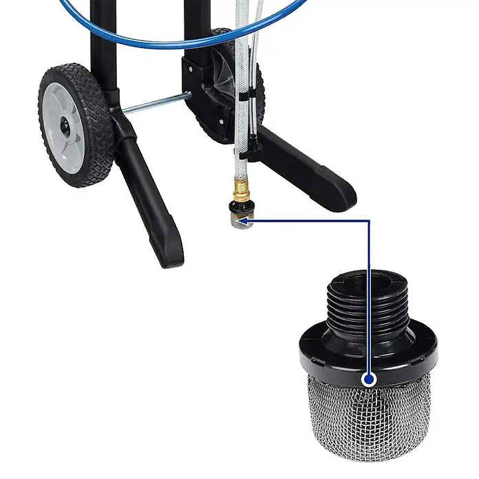 Graco Filtro de aspiración - Específico para: Graco Magnum Sistema de pulverización A20/A30/A45 & A60 - Imagen del producto de un conjunto de filtro de succión para un drenaje de aceite móvil. El accesorio tiene una malla de alambre y características de rosca.