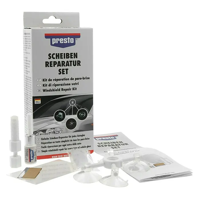Presto Reparatur-Set für Windschutzscheiben - 8 -tlg. - Windschutzscheiben-Reparaturset von Presto mit Werkzeugen und Anleitung, um Schäden an Autoglas einfach selbst zu beheben.