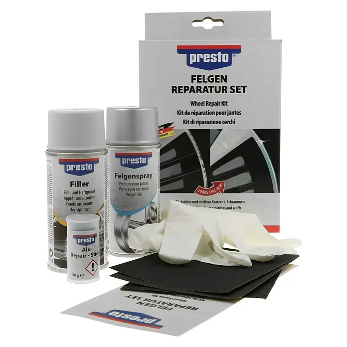 Presto Reparatur-Set für Felgen - 7 -tlg. - Produktabbildung von Presto Felgen Reparatur Set, inklusive Füller, Felgenspray, Alu Reparatur Stift und Zubehör für die Felgenreparatur.