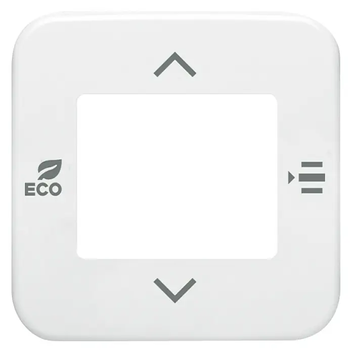 Busch-Jaeger Reflex SI Abdeckrahmen 6109/03-214 - Alpinweiß, Kunststoff - Nahaufnahme eines modernen, quadratischen Thermostats mit Pfeiltasten, Eco-Symbol und einem leeren Display zur Temperaturregelung.