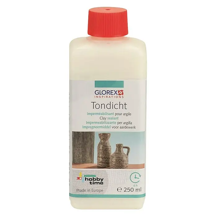 Glorex Versiegelung Tondicht - 250 ml, Transparent - Eine Flasche Glorex Tondicht, ein Imprägniermittel für Ton und Keramik, mit rotem Deckel und Produktinformationen auf dem Etikett.