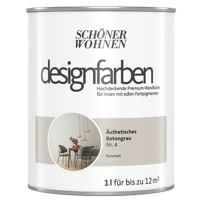 SCHÖNER WOHNEN-Farbe Wandfarbe Designfarbe - Ästhetisches Betongrau, Matt, 1 l, Konservierungsmittelfrei - Dose Schöner Wohnen Designfarben Ästhetisches Betongrau Nr. 4, eine matte Innenfarbe mit edlen Farbpigmenten für ein stilvolles Zuhause.