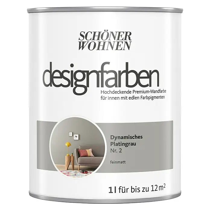 SCHÖNER WOHNEN-Farbe Wandfarbe Designfarbe - Dynamisches Platingrau, Matt, 1 l, Konservierungsmittelfrei - Dose Schön Wohnen Designfarben "Dynamisches Platingrau Nr. 2", eine hochwertige, matte Innenwandfarbe für bis zu 12 m².