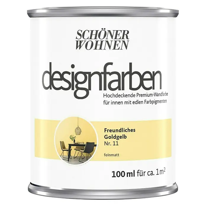 SCHÖNER WOHNEN-Farbe Wandfarbe Designfarbe - Freundliches Goldgelb, Matt, 100 ml, Konservierungsmittelfrei - Farbdose "Schöner Wohnen Designfarben" in freundlichem Goldgelb, Nr. 11, für hochwertige Wandgestaltung mit edlen Farbpigmenten.