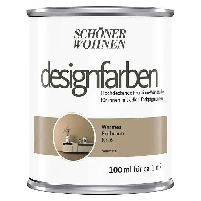 SCHÖNER WOHNEN-Farbe Wandfarbe Designfarbe - Warmes Erdbraun, Matt, 100 ml, Konservierungsmittelfrei - Farbdose "Schöner Wohnen Designfarben" in warmem Erdton Nr. 6, ideal für Innenräume mit edlen Farbpigmenten.