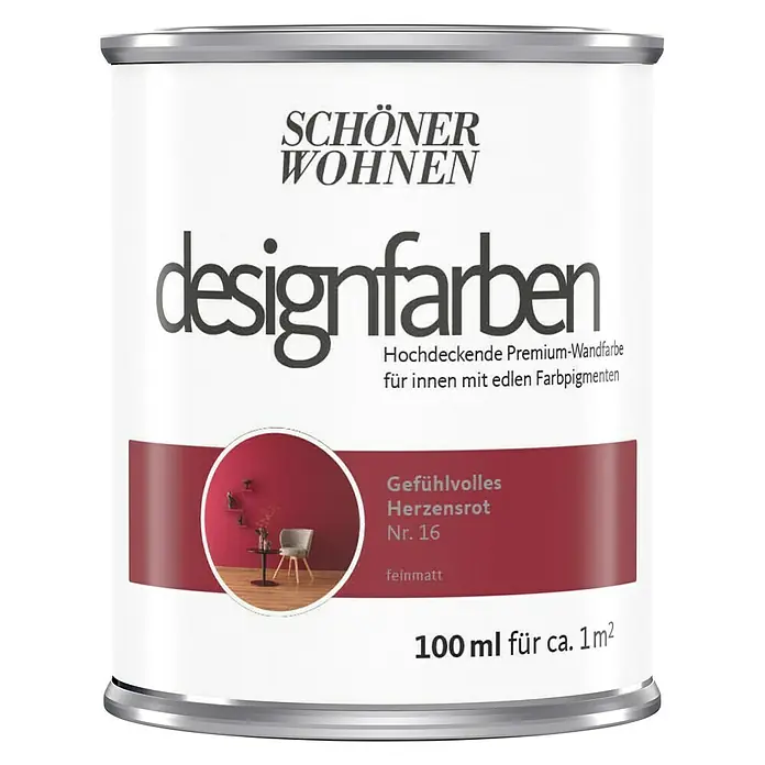 SCHÖNER WOHNEN-Farbe Wandfarbe Designfarbe - Gefühlvolles Herzensrot, Matt, 100 ml, Konservierungsmittelfrei - Farbdose "Schöner Wohnen Designfarben" in Herzensrot, ideal für Innenräume. Hochdeckende Premium-Wandfarbe mit edlen Farbpigmenten für 1 m².