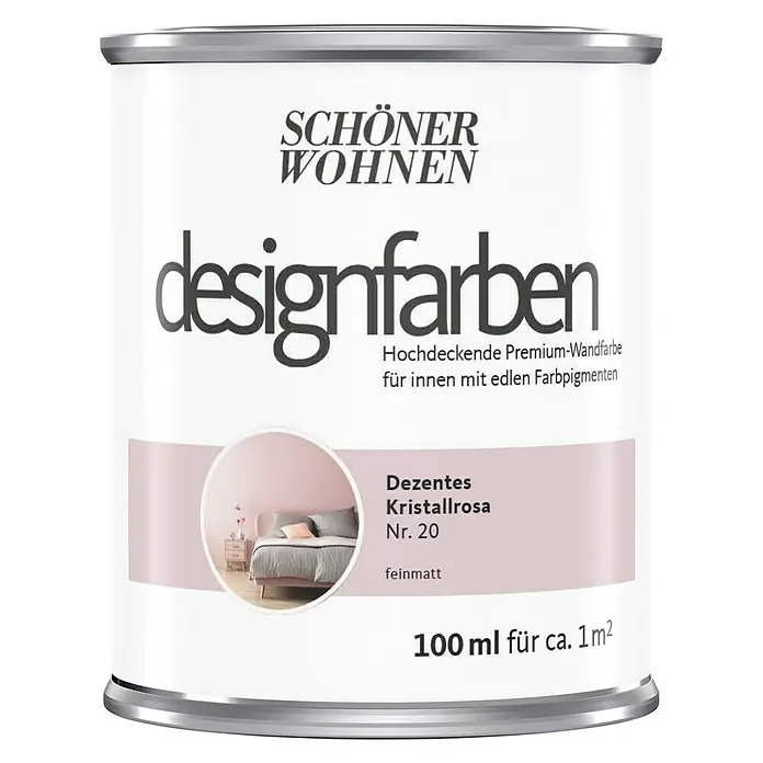 SCHÖNER WOHNEN-Farbe Wandfarbe Designfarbe - Dezentes Kristallrosa, Matt, 100 ml, Konservierungsmittelfrei - Dose Schöner Wohnen Designfarben, Farbe Dezentes Kristallrosa Nr. 20, feinmatt, 100 ml für ca. 1 m².