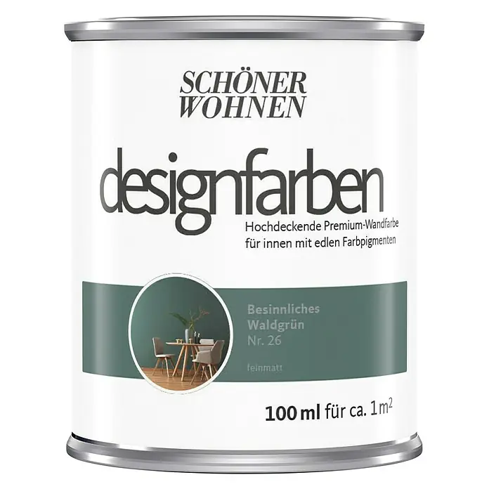 SCHÖNER WOHNEN-Farbe Wandfarbe Designfarbe - Besinnliches Waldgrün, Matt, 100 ml, Konservierungsmittelfrei - Dose Schön Wohnen Designfarben Wandfarbe in Waldgrün, ideal für Innenräume mit edlen Pigmenten.