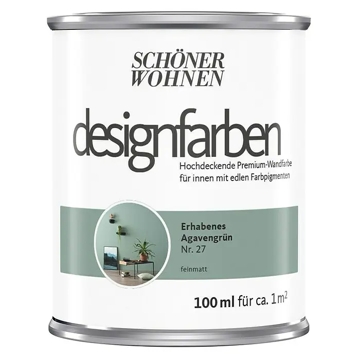 SCHÖNER WOHNEN-Farbe Wandfarbe Designfarbe - Erhabenes Agavengrün, Matt, 100 ml, Konservierungsmittelfrei - Dose Schöner Wohnen Designfarben "Erhabenes Agavengrün Nr. 27", eine hochwertige, feinmatte Wandfarbe für Innenräume.