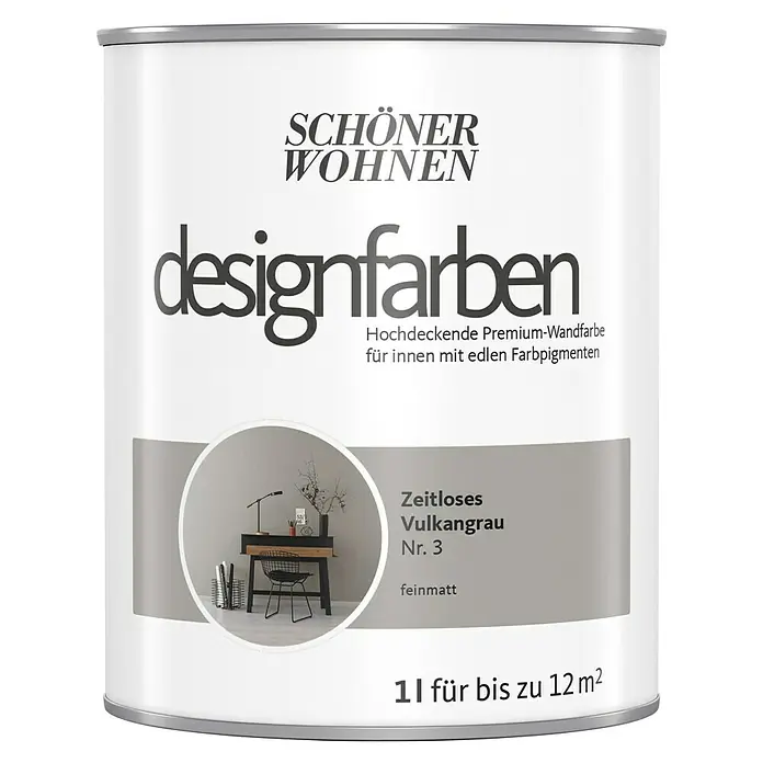 SCHÖNER WOHNEN-Farbe Wandfarbe Designfarbe - Zeitloses Vulkangrau, Matt, 1 l, Konservierungsmittelfrei - Dose „Schöner Wohnen Designfarben“ in „Zeitloses Vulkangrau Nr. 3“, eine hochwertige, matte Innenwandfarbe für bis zu 12 m².