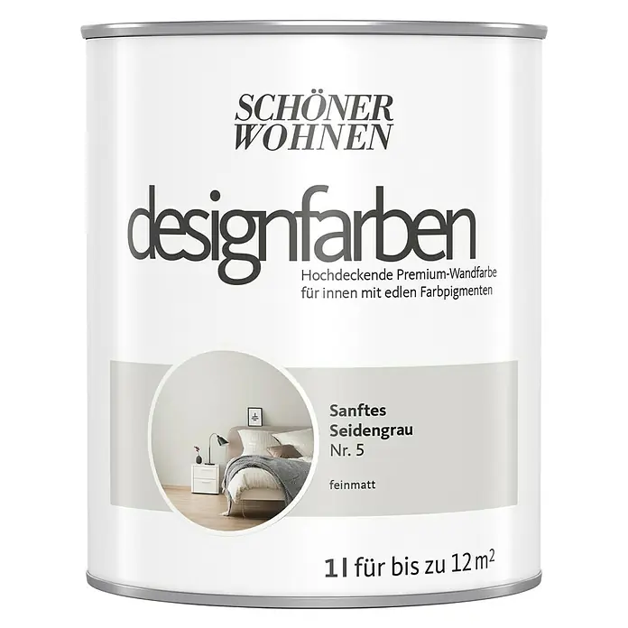 SCHÖNER WOHNEN-Farbe Wandfarbe Designfarbe - Sanftes Seidengrau, Matt, 1 l, Konservierungsmittelfrei - Dose Schön Farben Designfarben, sanftes Seidengrau Nr. 5, 1l für bis zu 12m². Hochdeckende Premium-Wandfarbe mit edlen Farbpigmenten für Innenräume.
