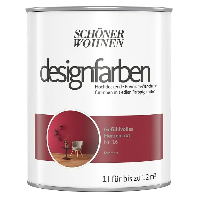 SCHÖNER WOHNEN-Farbe Wandfarbe Designfarbe - Gefühlvolles Herzensrot, Matt, 1 l, Konservierungsmittelfrei - Farbdose "Schöner Wohnen Designfarben" in Herzensrot Nr. 16, eine hochwertige, matte Innenwandfarbe für bis zu 12 m² Fläche.