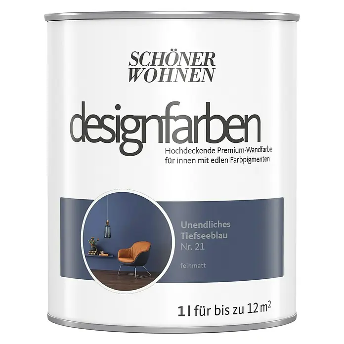 SCHÖNER WOHNEN-Farbe Wandfarbe Designfarbe - Unendliches Tiefseeblau, Matt, 1 l, Konservierungsmittelfrei - Farbdose "Schöner Wohnen Designfarben" in Tiefseeblau Nr. 21, ideal für Innenräume mit edlen Farbpigmenten.