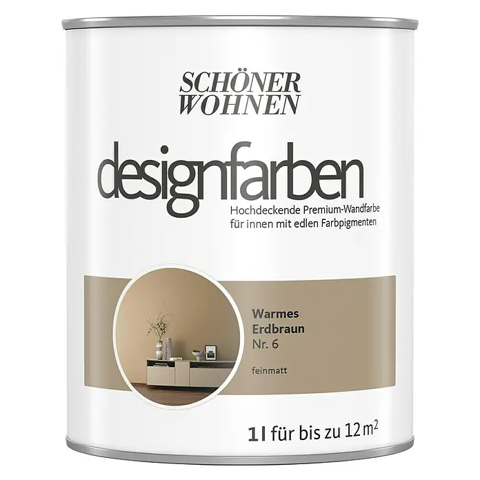 SCHÖNER WOHNEN-Farbe Wandfarbe Designfarbe - Warmes Erdbraun, Matt, 1 l, Konservierungsmittelfrei - Farbdose "Schöner Wohnen Designfarben" in warmem Erdbraun, Nr. 6, für hochwertige Innenwandgestaltung mit edlen Farbpigmenten.
