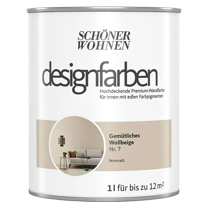 SCHÖNER WOHNEN-Farbe Wandfarbe Designfarbe - Gemütliches Wollbeige, Matt, 1 l, Konservierungsmittelfrei - Dose Schöner Wohnen Designfarben, Farbton Gemütliches Wollbeige Nr. 7, eine matte Premium-Wandfarbe für edle Farbpigmente, geeignet für Innenräume.