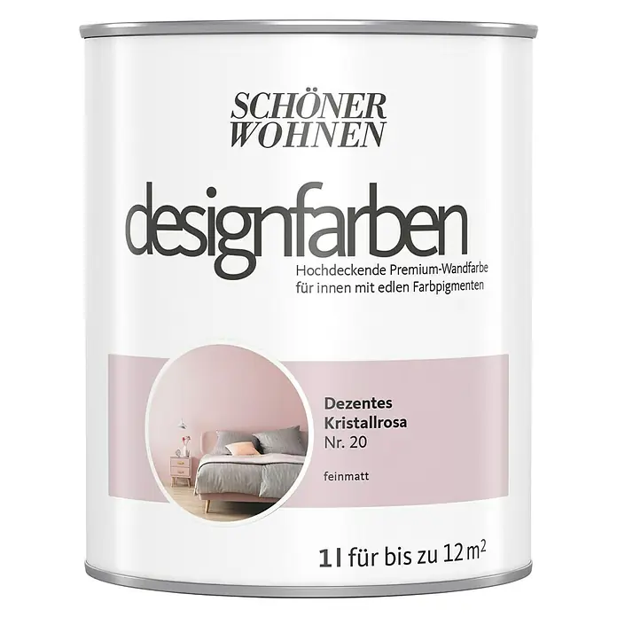 SCHÖNER WOHNEN-Farbe Wandfarbe Designfarbe - Dezentes Kristallrosa, Matt, 1 l, Konservierungsmittelfrei - Dose Schönner Wohnen Designfarben, Farbe Dezentes Kristallrosa, Premium-Wandfarbe für Innenräume, 1 l für bis zu 12 m².