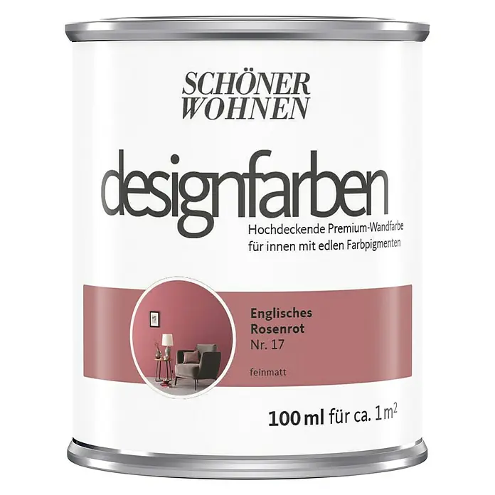 SCHÖNER WOHNEN-Farbe Wandfarbe Designfarbe - Englisches Rosenrot, Matt, 100 ml, Konservierungsmittelfrei - Farbdose "Schöner Wohnen Designfarben" in "Englisches Rosenrot Nr. 17", eine matte Premium-Wandfarbe für den Innenbereich.