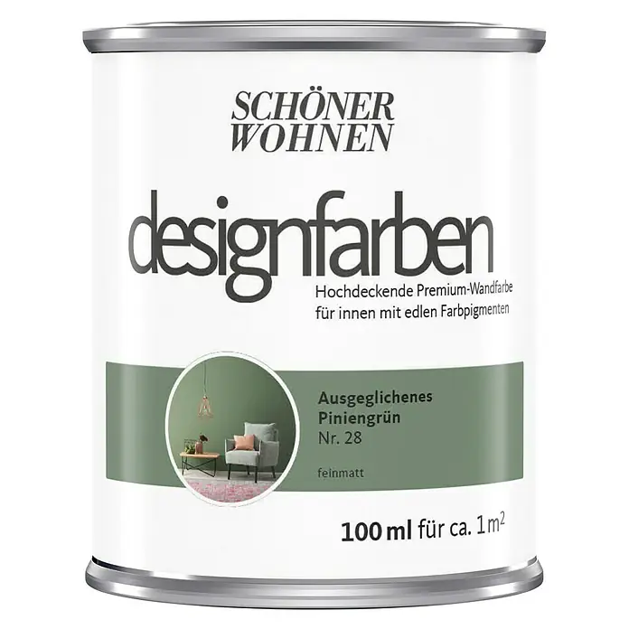 SCHÖNER WOHNEN-Farbe Wandfarbe Designfarbe - Ausgeglichenes Piniengrün, Matt, 100 ml, Konservierungsmittelfrei - Dose Schöner Wohnen Designfarben, Ausgeglichenes Piniengrün Nr. 28, eine matte Premium-Wandfarbe für Innenräume mit edlen Farbpigmenten.
