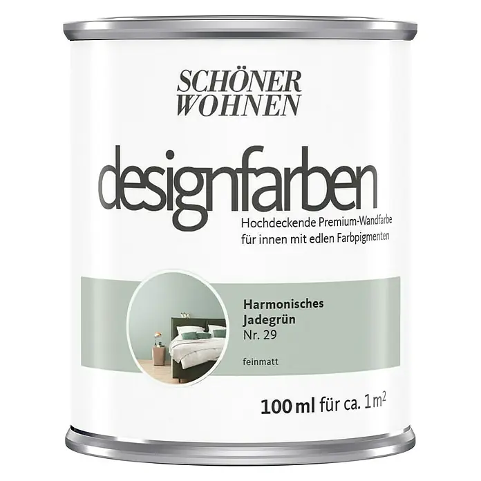 SCHÖNER WOHNEN-Farbe Wandfarbe Designfarbe - Harmonisches Jadegrün, Matt, 100 ml, Konservierungsmittelfrei - Farbdose "Schöner Wohnen Designfarben", Farbton Harmonisches Jadegrün Nr. 29, feinmatt, 100 ml für ca. 1 m².