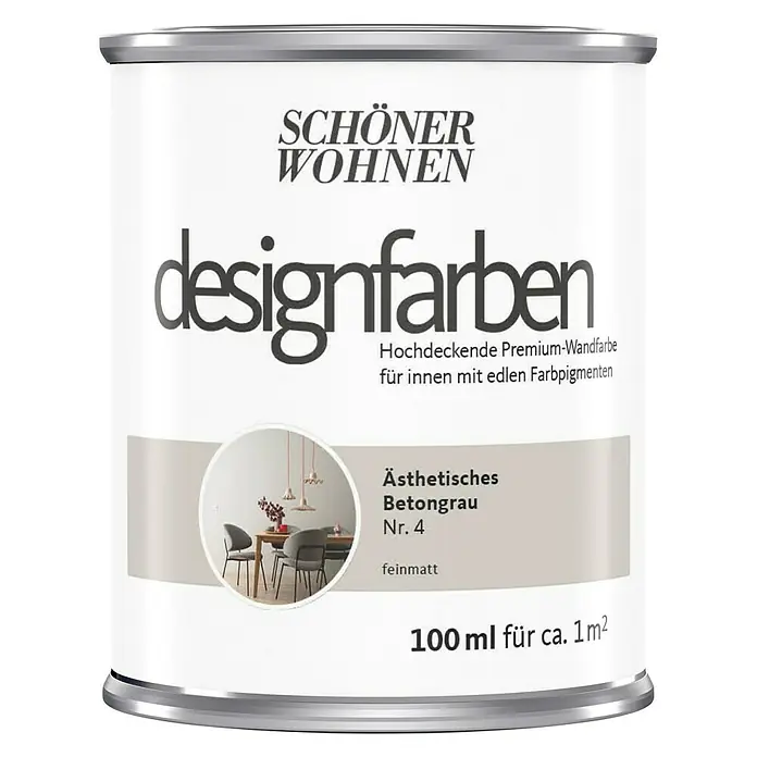 SCHÖNER WOHNEN-Farbe Wandfarbe Designfarbe - Ästhetisches Betongrau, Matt, 100 ml, Konservierungsmittelfrei - Dose Schöner Wohnen Designfarben, Ästhetisches Betongrau Nr. 4, eine hochwertige, feine matte Wandfarbe für Innenräume.
