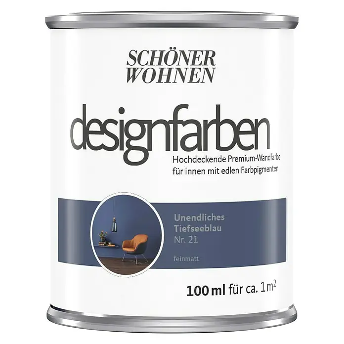 SCHÖNER WOHNEN-Farbe Wandfarbe Designfarbe - Unendliches Tiefseeblau, Matt, 100 ml, Konservierungsmittelfrei - Dose Schönner Wohnen Designfarben, Tiefseeblau Nr. 21, eine matte Premium-Wandfarbe für Innenräume mit edlen Farbpigmenten, Inhalt 100 ml.