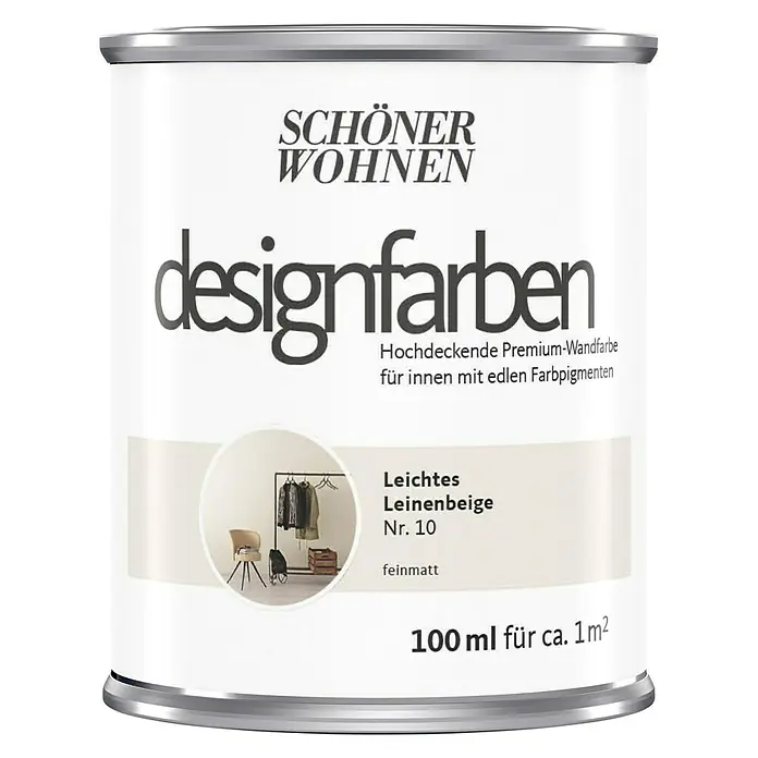 SCHÖNER WOHNEN-Farbe Wandfarbe Designfarbe - Leichtes Leinenbeige, Matt, 100 ml, Konservierungsmittelfrei - Dose Schönere Wohnen Designfarben, Farbton "Leichtes Leinenbeige Nr. 10", eine matte Premium-Wandfarbe für Innenräume, 100 ml für ca. 1 m².