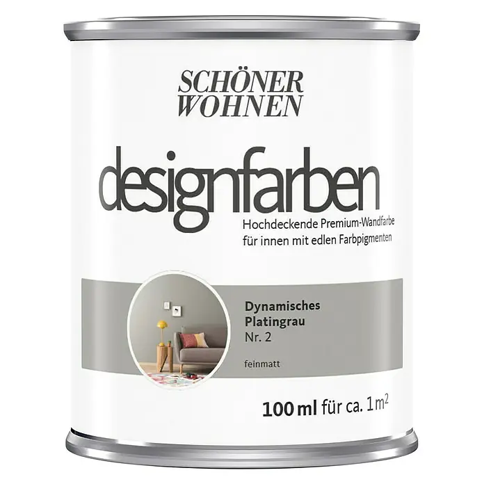 SCHÖNER WOHNEN-Farbe Wandfarbe Designfarbe - Dynamisches Platingrau, Matt, 100 ml, Konservierungsmittelfrei - Dose "Schöner Wohnen Designfarben" in "Dynamisches Platingrau", eine hochwertige Innenfarbe mit edlen Farbpigmenten, ideal für stilvolle Wandgestaltung.