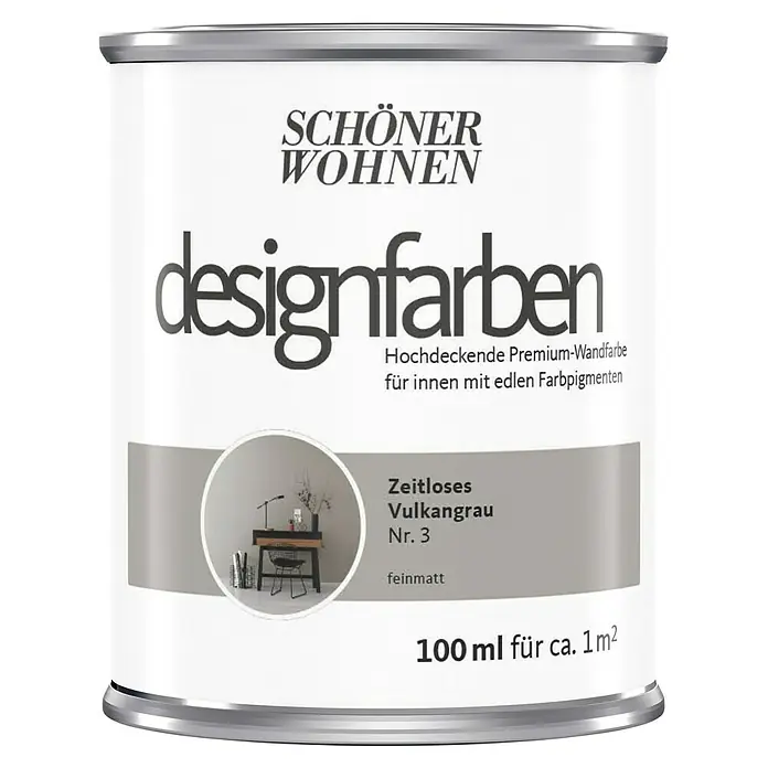 SCHÖNER WOHNEN-Farbe Wandfarbe DesignfarbeZeitloses Vulkangrau, Matt, 100 ml, Konservierungsmittelfrei - Farbdose „Schöner Wohnen Designfarben Vulkangrau Nr. 3“ mit 100 ml Inhalt, geeignet für Innenräume.