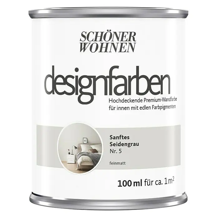 SCHÖNER WOHNEN-Farbe Wandfarbe Designfarbe - Sanftes Seidengrau, Matt, 100 ml, Konservierungsmittelfrei - Dose Schöner Wohnen Designfarben, Sanftes Seidengrau Nr. 5, eine hochwertige, matte Premium-Wandfarbe für Innenräume mit edlen Farbpigmenten.