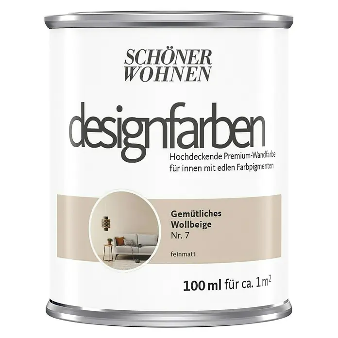 SCHÖNER WOHNEN-Farbe Wandfarbe Designfarbe - Gemütliches Wollbeige, Matt, 100 ml, Konservierungsmittelfrei - Dose Schöner Wohnen Designfarben "Gemütliches Wollbeige Nr. 7", eine hochdeckende Premium-Wandfarbe für Innenräume.