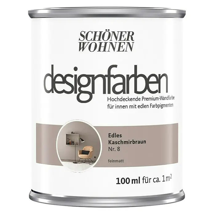 SCHÖNER WOHNEN-Farbe Wandfarbe Designfarbe - Edles Kaschmirbraun, Matt, 100 ml, Konservierungsmittelfrei - Dose Schönen Wohnen Designfarben, Farbe Edles Kaschmirbraun Nr. 8, 100 ml für ca. 1 m², Premium-Wandfarbe für Innenräume.