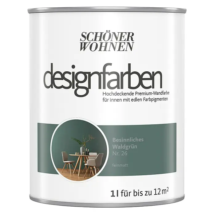 SCHÖNER WOHNEN-Farbe Wandfarbe DesignfarbeBesinnliches Waldgrün, Matt, 1 l, Konservierungsmittelfrei