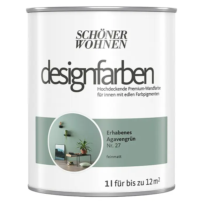 SCHÖNER WOHNEN-Farbe Wandfarbe Designfarbe - Erhabenes Agavengrün, Matt, 1 l, Konservierungsmittelfrei - Dose Schöner Wohnen Designfarben "Erhabenes Agavengrün Nr. 27" für Innenräume, hochwertige Wandfarbe mit edlen Farbpigmenten, feinmatt.