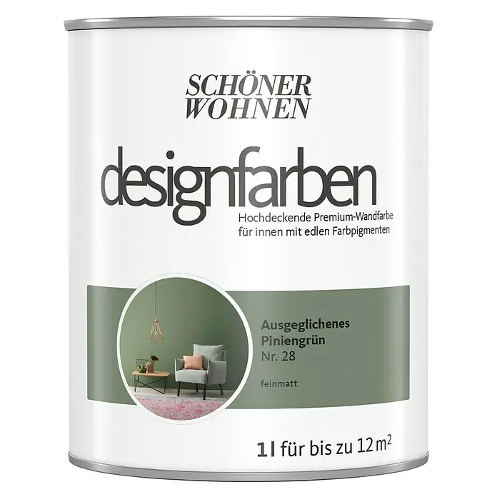 SCHÖNER WOHNEN-Farbe Wandfarbe Designfarbe - Ausgeglichenes Piniengrün, Matt, 1 l, Konservierungsmittelfrei - Farbdose "Schöner Wohnen Designfarben" in der Farbe "Ausgeglichenes Piniengrün Nr. 28", feinmatt, für Innenräume. 1 Liter für bis zu 12 m².