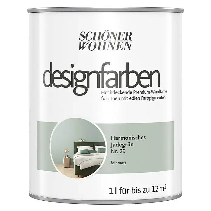 SCHÖNER WOHNEN-Farbe Wandfarbe Designfarbe - Harmonisches Jadegrün, Matt, 1 l, Konservierungsmittelfrei - Farbdose "Schöner Wohnen Designfarben" in Jadegrün Nr. 29, eine hochwertige, deckende Wandfarbe für Innenräume mit edlen Farbpigmenten, 1 Liter für bis zu 12 m².
