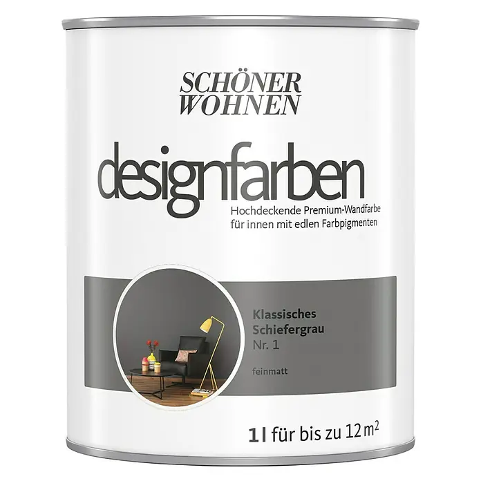 SCHÖNER WOHNEN-Farbe Wandfarbe Designfarbe - Klassisches Schiefergrau, Matt, 1 l, Konservierungsmittelfrei - Farbdose „Schöner Wohnen Designfarben“ in Schiefergrau, ideal für Innenräume, mit edlen Farbpigmenten und einer Reichweite von bis zu 12 m².